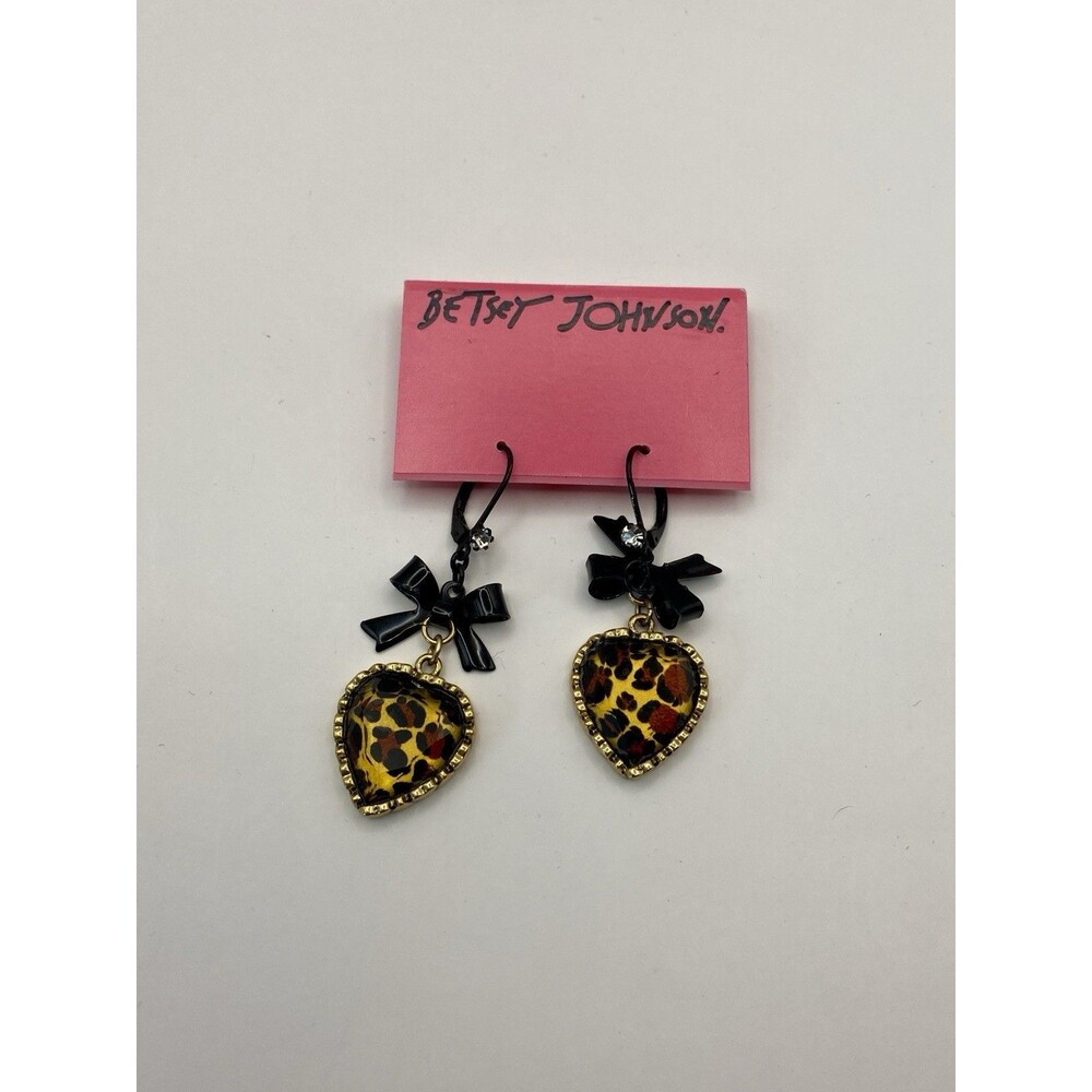 Betsy Johnson Leopard/bow/heart Gold & Black Dangle Lever back Earrings